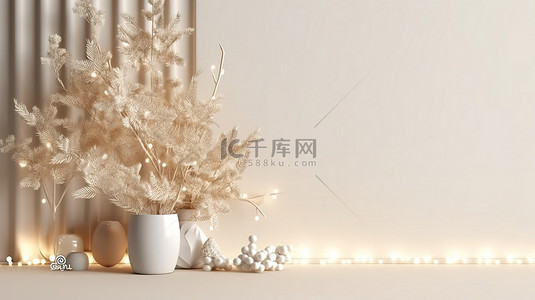 圣诞花束背景图片_轻墙样机上松枝花束和电花环的 3D 渲染