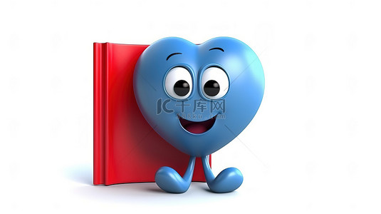 卡通蓝色抽象背景图片_3D 渲染的吉祥物，带有蓝书和白色背景下的红心