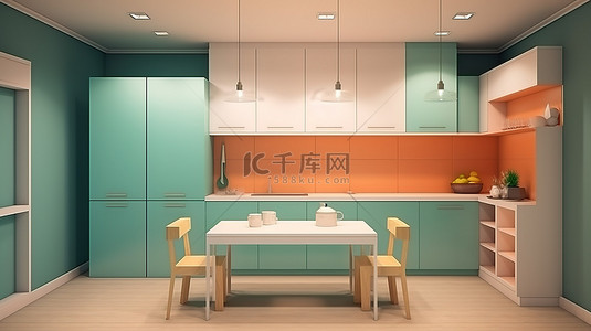 室内背景卡通背景图片_卡通风格 3D 渲染设施齐全的厨房，配有橱柜水槽冰箱餐桌和椅子