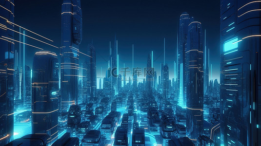 蓝色背景上的未来派大都市 3d 渲染