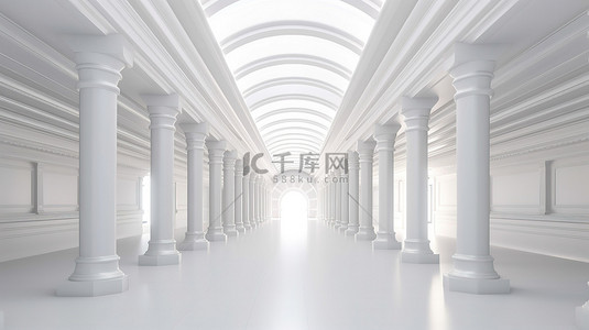 柱状图ppt模板背景图片_以白色柱状大厅为特色的未来派建筑背景的全景 3D 渲染