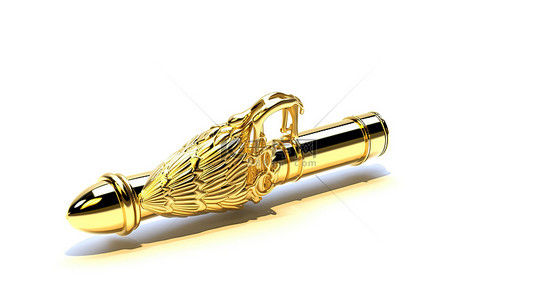 写作背景图片_医学写作概念一支金色钢笔，在 3D 呈现的白色背景上描绘金色医疗杖符号