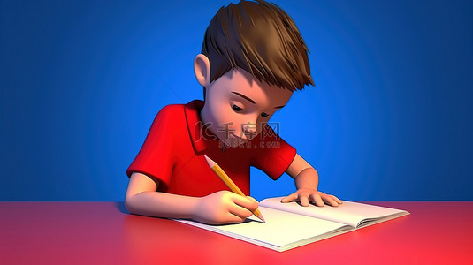 学校课堂背景图片_一个穿着红色衬衫的孩子在蓝色背景上创作 3D 艺术
