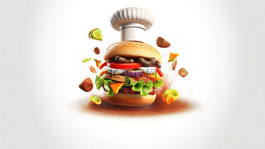 马苏里拉芝士碎背景图片_厨师的招牌汉堡令人垂涎欲滴的 3D 渲染