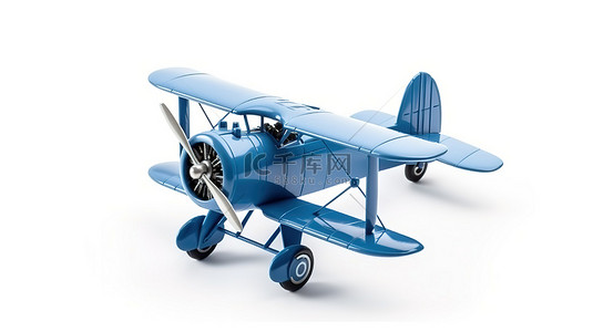 白色背景展示蓝色微型玩具飞机在 3D 渲染中翱翔