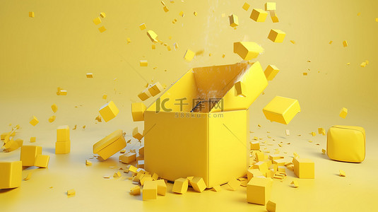 礼品购物背景图片_黄色主题背景，带 3D 渲染的礼品盒打开，礼品掉落