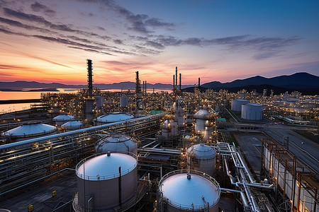 照片背景图片_夕阳下炼油厂的照片