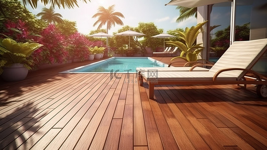 背景 3D 插图中配有日光浴床和家庭游泳池的木制甲板