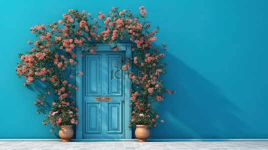 蓝色墙壁的 3D 渲染，令人惊叹的蓝色门周围有攀爬玫瑰