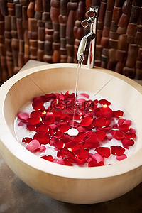 水心形背景图片_带红色花瓣的美丽心形浴室水槽
