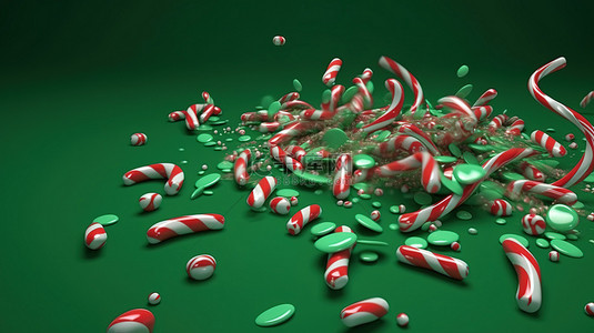 薄荷糖棒在绿色背景上与焦糖糖棒层叠的慢动作 3d 渲染