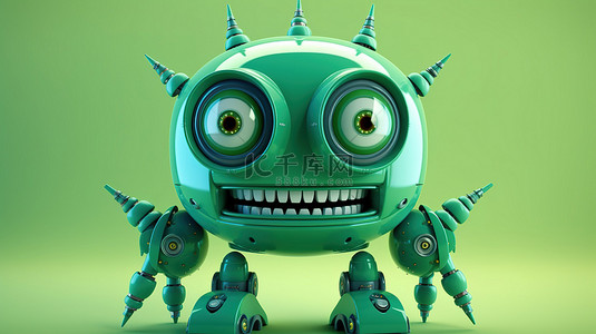 科技病毒背景图片_险恶的绿色机器人的 3d 插图