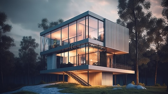 三层房子背景图片_简约的三层现代垂直住宅，拥有自然风光，令人惊叹的 3D 渲染