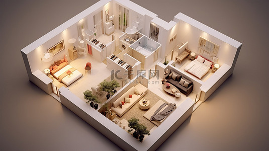 住宅平面图的 3D 渲染