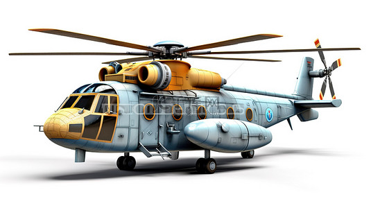 白色背景下运输的军用或救援直升机的 3D 插图