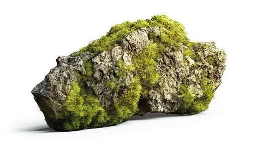 高度详细的岩石模型，白色背景 3D 渲染上具有逼真的苔藓表面