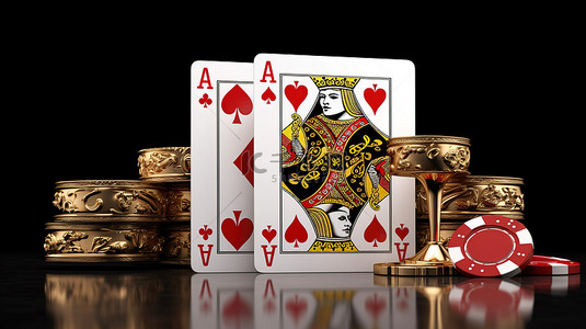 扑克牌上的金冠和红色骰子 3d 在赌场设置中呈现，带有剪切路径
