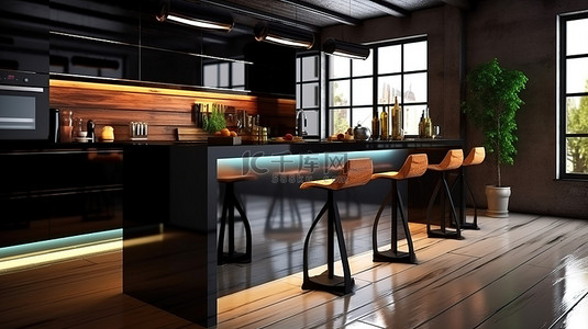 时尚的厨房采用光滑的黑色饰面，配有岛台和吧台凳 3D 渲染
