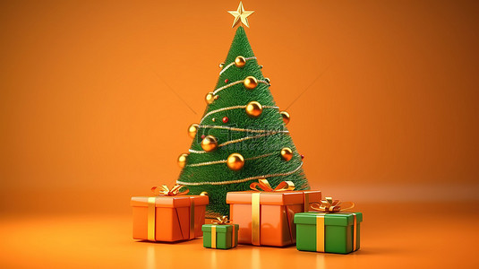 节日圣诞树和礼品盒的 3D 插图