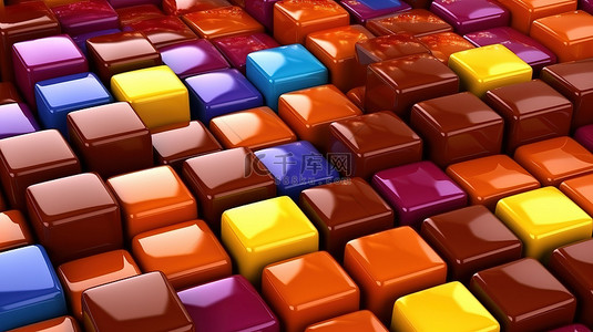 甜美糖果色背景图片_充满活力的方形糖果排列与巧克力糖果 3D 插图