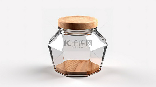 木制茶壶背景图片_六边形罐子的孤立 3D 渲染，带有切割风格的木盖模型