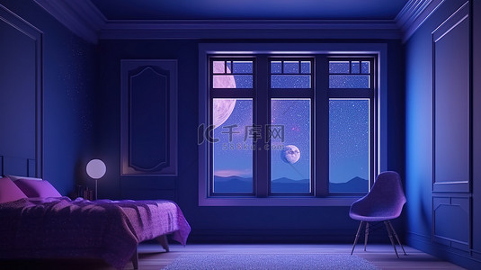 夜景背景图片_带窗户的夜间房间和空间星系和行星的 3d 插图