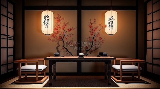 日本风格的休息区 3d 渲染一张桌子和 2 个座垫