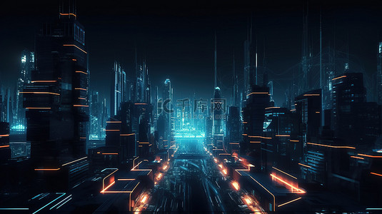 未来派的赛博朋克城市 3d 霓虹灯和灯光渲染照亮了先进技术和超越 5g 一代网络的夜生活