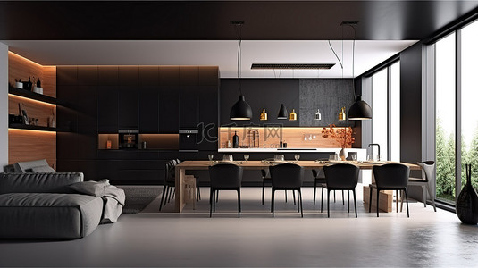 厨房简约绿色背景图片_当代简约生活 3D 渲染工作室设计与现代厨房和餐厅