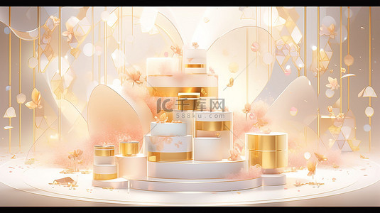 金色织物飘动展示 3d 渲染几何基座，带双平台，用于在令人惊叹的香水销售工作室进行化妆品促销