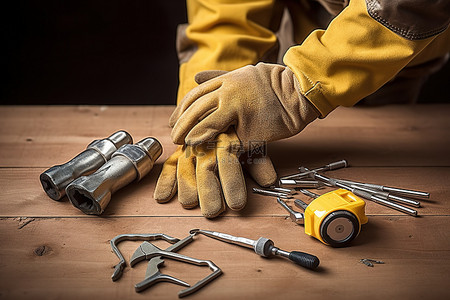 皮质手套背景图片_戴着黄黄色手套的修理工拿着一些工具