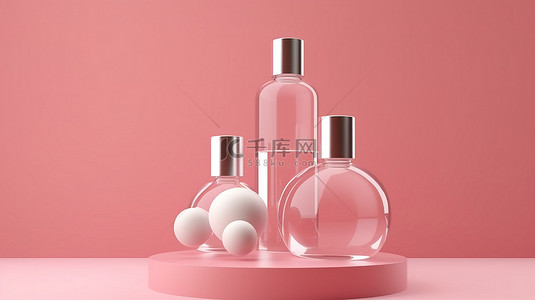 品牌护肤背景图片_粉红色背景模型上带有护肤瓶液滴瓶和管子的基座的 3D 渲染