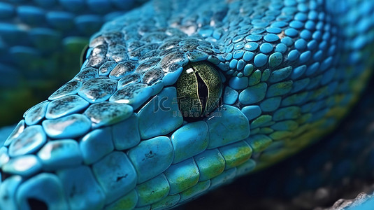 眼睛观察背景图片_在 3D 渲染中近距离观察蓝色毒蛇 Trimeresurus insularis 蛇