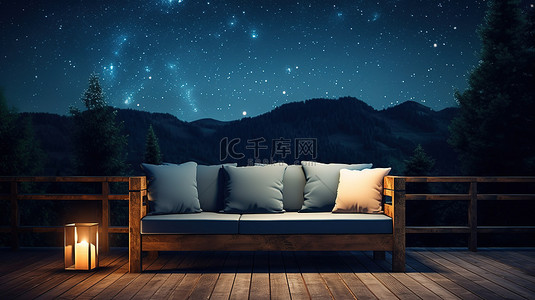 夜间森林氛围的户外沙发位于木质甲板上，天空布满闪烁的星星，3D 插图