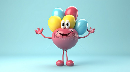 用弹性无骨手携带气球重量的卡通人物的 3D 渲染