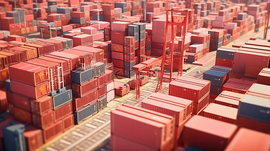 在港口码头运输货物的物流集装箱的空中 3D 渲染