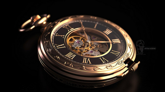 计时器空白背景图片_黑色孤立背景上的老式秒表图标 3D 古董金色圆形时钟的插图