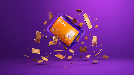 无现金概念钱包和信用卡，在充满活力的紫色背景上带有浮动硬币，代表省钱 3D 渲染插图
