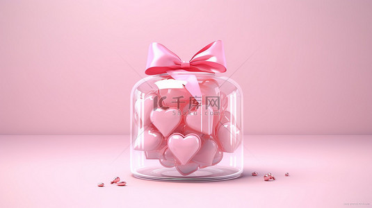情人节概念 3D 渲染心形礼品盒，配有玫瑰罐和粉色气球心