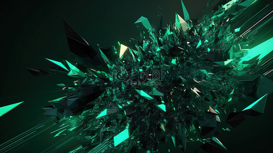 绿色尖锐的几何物体在未来空间中翱翔，3D 渲染的抽象插图