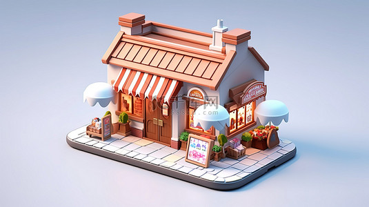 购买流程png素材背景图片_用于在线购买的移动卡通店的 3D 渲染