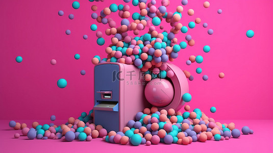 现金背景图片_粉色 atm 被金钱和蓝色 3d 渲染中充满活力的球包围