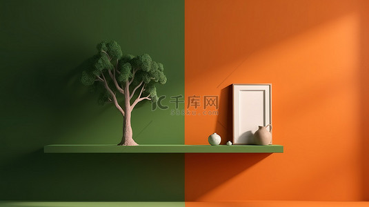 产品显示背景图片_3D 相框显示在架子上，靠在绿色和橙色墙壁上，带有树影夏季主题产品模型背景渲染插图