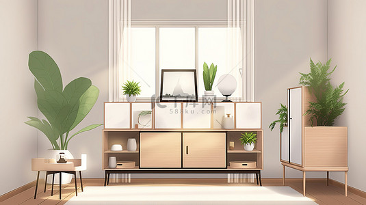 室内客厅设计，配有植物装饰柜灯和 3D 模型空白海报