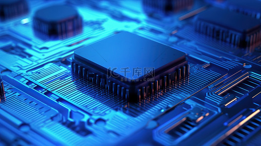 蓝电脑背景图片_尖端计算机服务器设计蓝键极端特写硅晶片与微芯片 CPU 行 3D 渲染