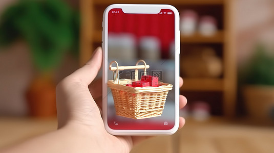 手机与手机背景图片_电子商务触手可及手持手机与购物篮 3D 渲染