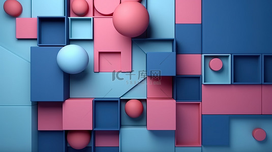 蓝色和粉色几何形状的最小抽象 3D 渲染