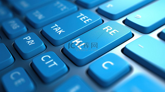 金融政策背景图片_白色 PC 键盘的 3D 渲染与蓝色旅行保险钥匙的极端特写