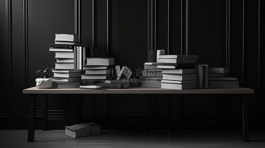黑白背景 3D 渲染模型上的书籍