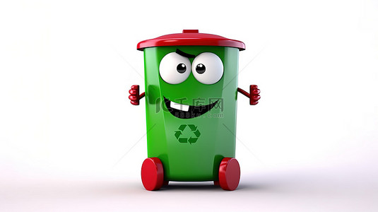 带有回收标志的绿色垃圾垃圾桶吉祥物的 3D 渲染